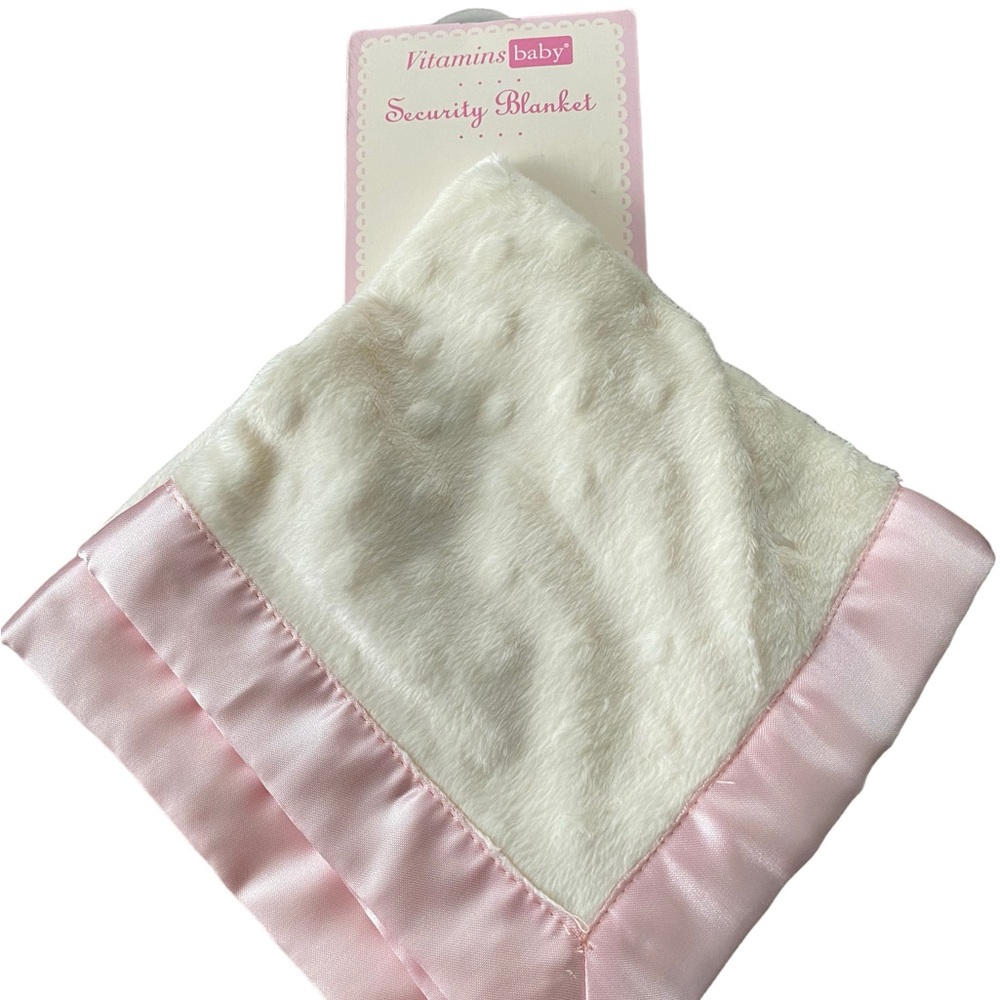 Vitamins Baby White Pink satin border security blanket 15" X 15"